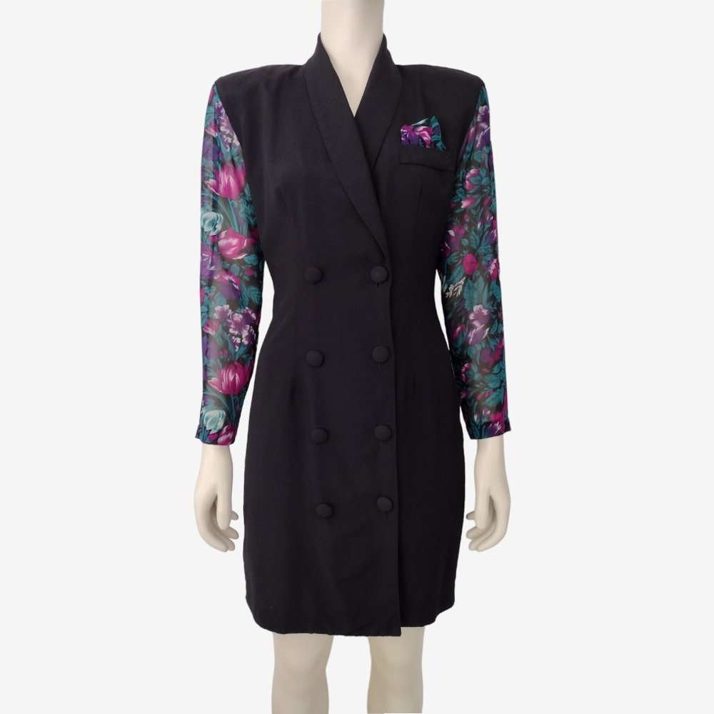 Vintage 90s Black Double Breasted Sheer Floral Sleeves Sheath Blazer Dress